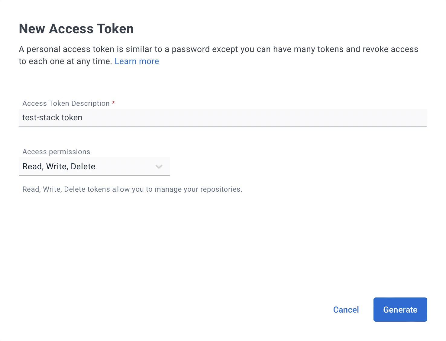 Docker Hub - New Access Token page with the name field set to "test-stack token"